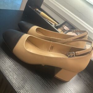 Two-Tone Beige and Black Slingback Block Heels